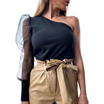 

Women Sexy One Shoulder Puff Sleeve Tshirt Solid Color Patchwork T-Shirts Bodycon Vintage Elegant Tops Women's Clothing