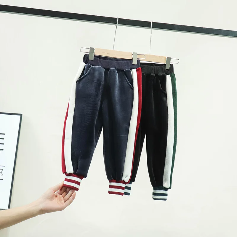 Harajuku/брендовые штаны для мальчиков, осенне-зимние модели, бархатные утепленные детские штаны в полоску, повседневная спортивная одежда, удобная одежда