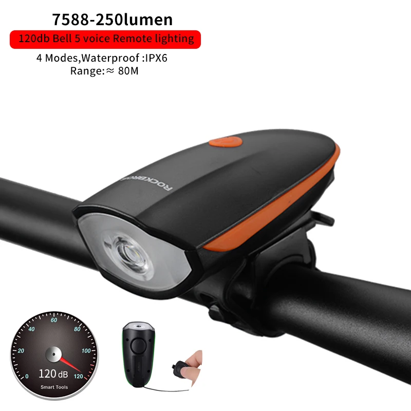 7588-OR ROCKBROS велосипедный светильник светодиодный MTB передний светильник USB Перезаряжаемый велосипедный головной светильник алюминиевый портативный велосипедный светильник вспышка светильник велосипедный светильник - Color: 7588-OR