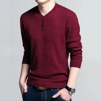 

Autumn Winte Men V Neck Long Sleeve Solid Color Button Decor Knitwear Plus Size Bottoming Sweater Male Warm Keep Sweater