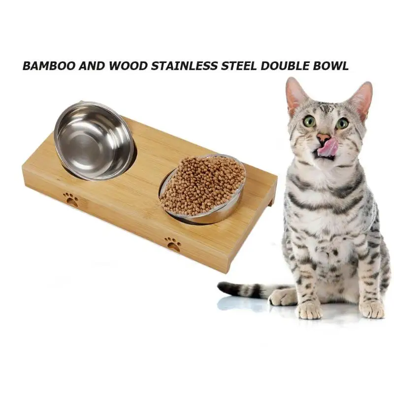 Корм для собак, кормушка для воды из бамбука, дерева, нержавеющей стали, керамическая миска для собак, кошек, двойные миски для домашних животных, поилка, принадлежности для питья
