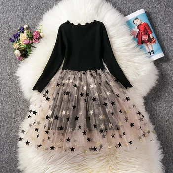 

Full Sleeve Dress for Girls Clothing Cotton Pentagram Pattern Mesh Tutu Dress Casual Wear 2-7Years Kids Children Autumn Dresses