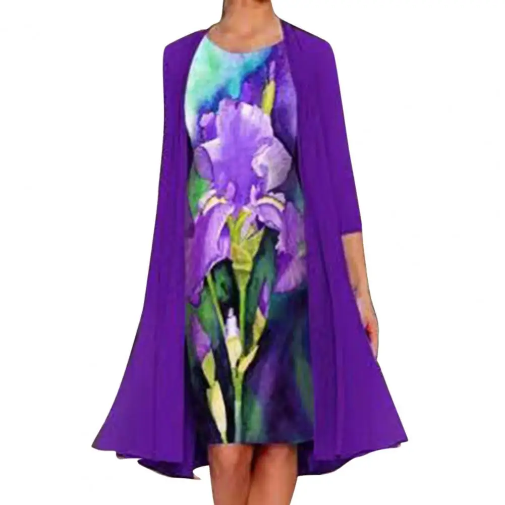 Retro Sleeveless Elegant Women Dress Cardigan Sets O Neck Floral Printed Skin friendly Midi