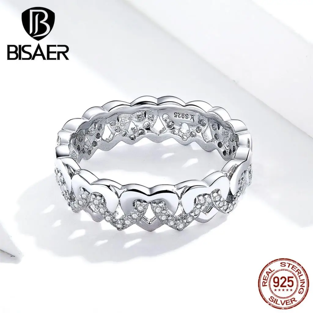 Штабелируемые кольца, BISAER, 925 пробы, серебро, любовь, сердце, форма сердца, женские кольца на палец, свадебные, Обручальные, ювелирные изделия ECR626