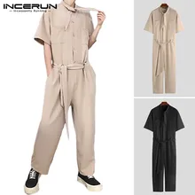 INCERUN, стильный мужской комбинезон Карго, брюки, уличная одежда, джоггеры,, комбинезоны с коротким рукавом, однотонный Свободный Повседневный мужской комбинезон размера плюс