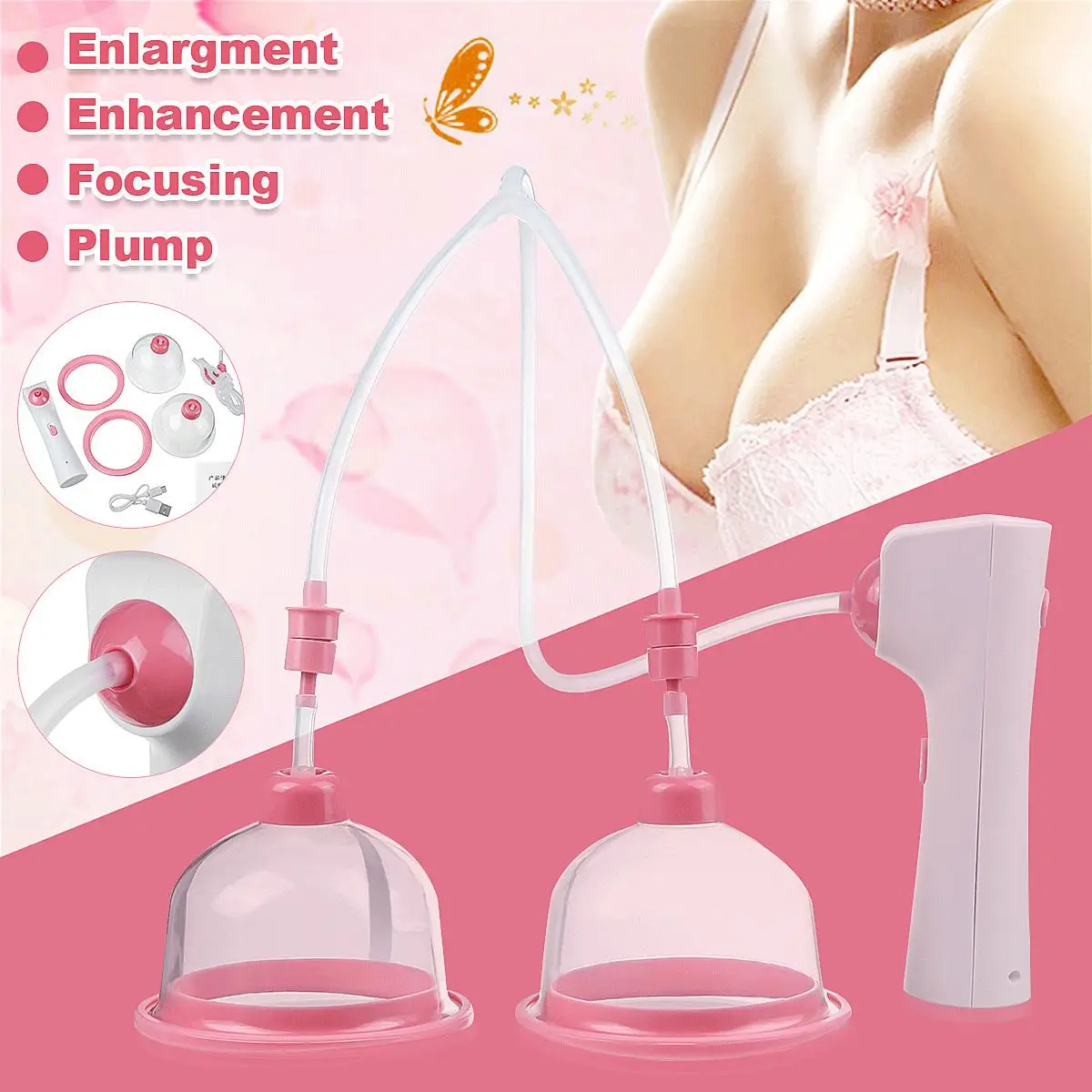 

USB Rechargeable Breast Massager Enlargement Chest Enhancing Massage Vacuum Pump Food Grade Silicone+Plastic 2 Gears Adjustable