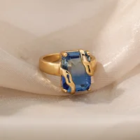 Blue Cubic Zircon Stone Ring For Women Stainless Steel  Square Geometry Finger Ring Party Accessories Jewelry Gift Bijoux Femme