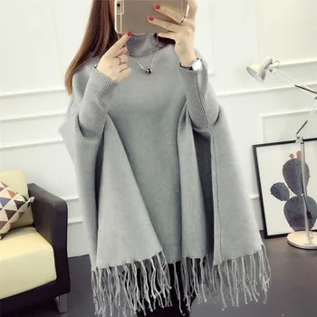 

2018 New Spring Autumn Winter Women Sweater Tassels Poncho Batwing Sleeve Long Knitted Pullovers Knitted Coat Sw091