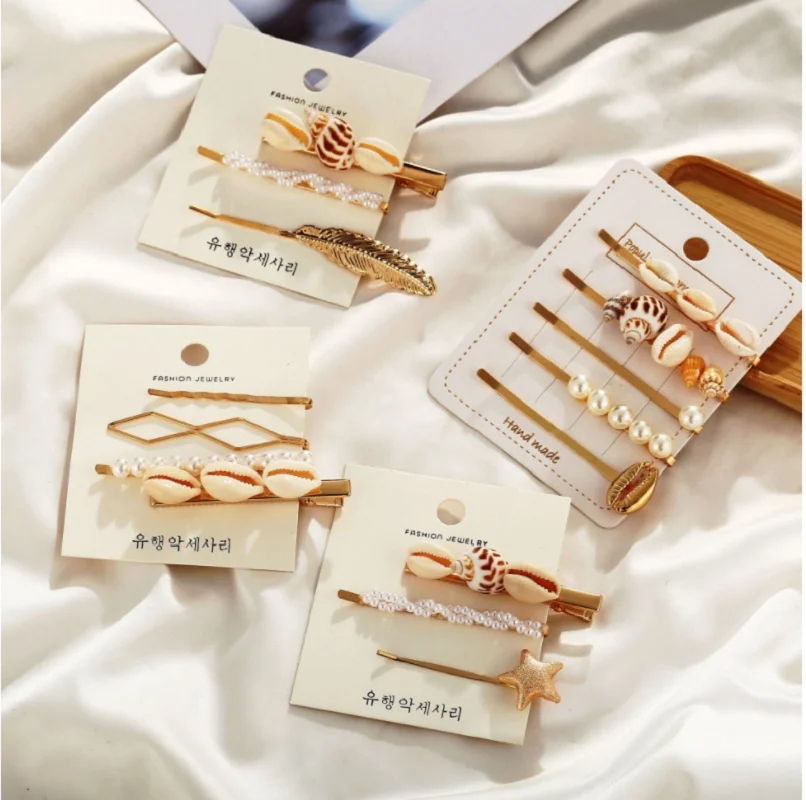 

European and American cross border ins net red one character hairpin creative retro Ocean series pearl shell hairpin set