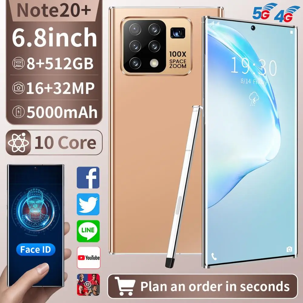 Smartphones Galax Note20U+ Snapdragon865 Global Version 6.8 Inch 8G 256G 12GB 512GB 24MP Camera Android 10 Mobile Phone GPS Wifi