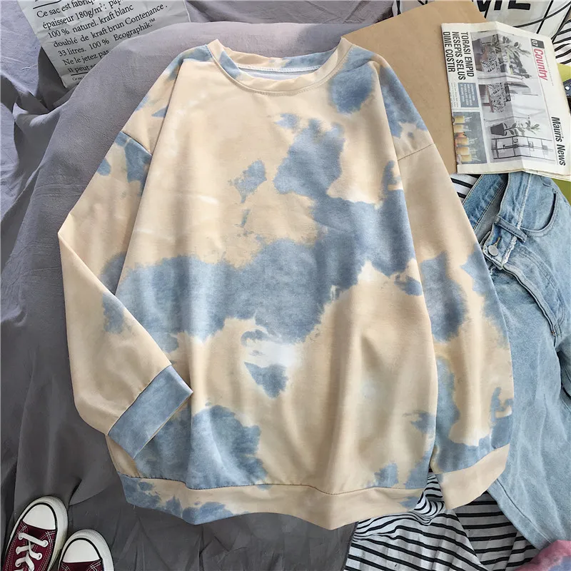 Shellsuning Tie Dye Нижняя футболка весна Harajuku уличная свободная одежда футболка с длинным рукавом Женский мягкий пуловер с круглым вырезом топы