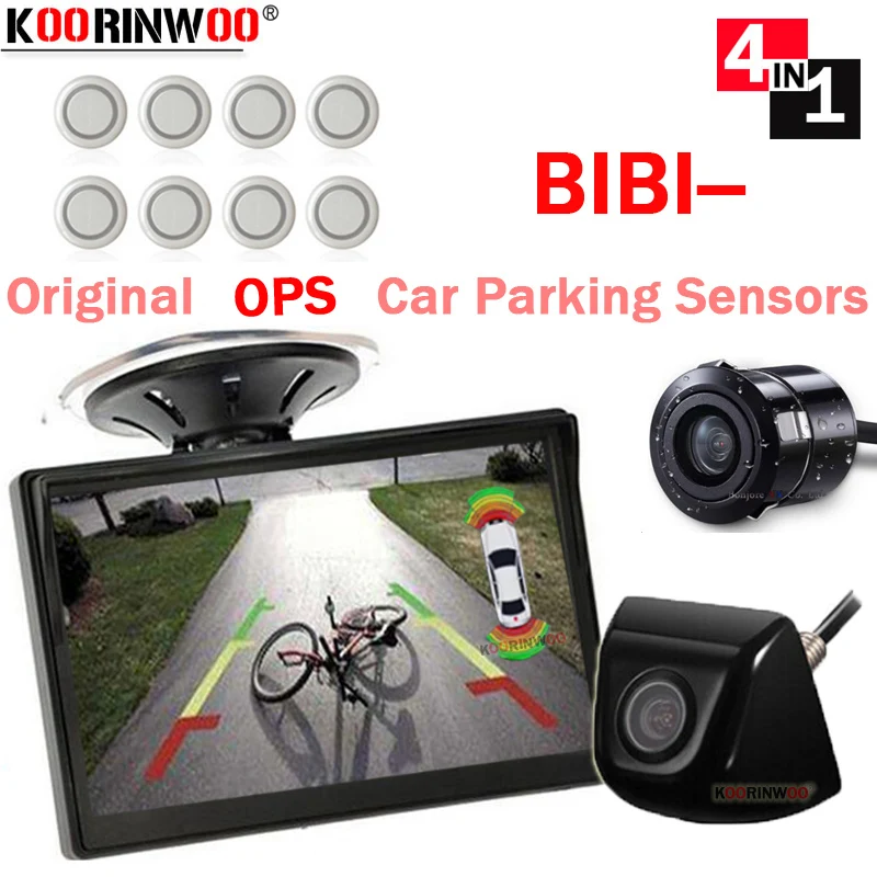 Koorinwoo 4 IN 1 Video Car Parking Sensor Kit OPS System Window Monitor Stand LCD Bumper Parking Camera Metal 18.5MM Rear Backup