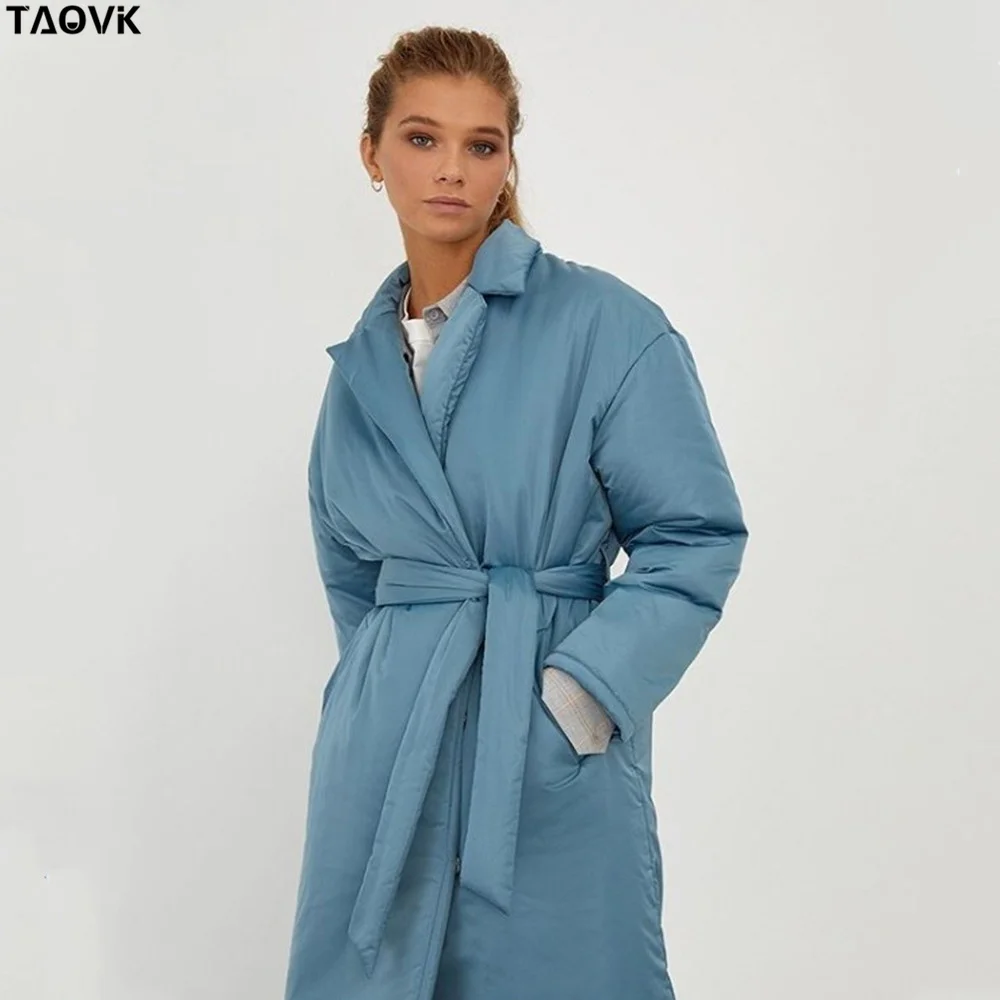 Женское длинное пальто с широкой талией Taovk зимнее теплое однобортное из хлопка и