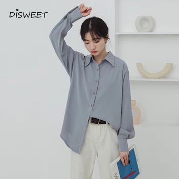 

Korean Single-Breasted Lapel Shirt Women Elegant Long Sleeve Loose Solid Color Shirt Female Autumn Simple Slim Ladies Shirt 2019