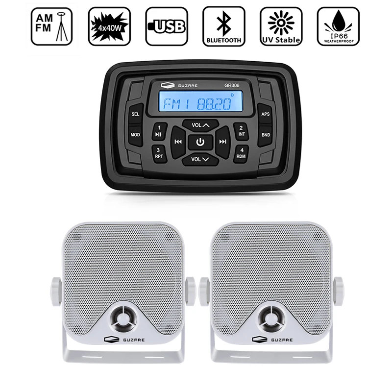 

Морская Bluetooth стереосистема Аудио для лодки, радио, FM AM-приемник, MP3-плеер для автофургона, квадроцикла, яхты + 4-дюймовые Морские водонепроницаемые динамики