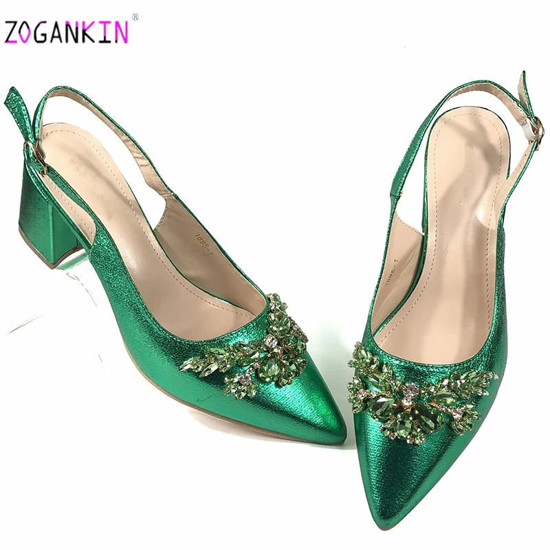 

Green Super Comfortable Square Heels Shoes Spring Autumn Pumps Buckle Strap Pointed Toe Sandals Wedding Shoes Women
