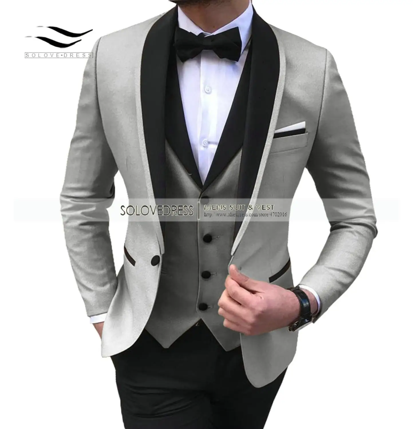Белый мужской костюм, Повседневный, 3 предмета, шаль с отворотом, однотонный, выпускной, смокинг, свадебные Женихи, мужские(Блейзер+ жилет+ брюки), новинка, приталенные костюмы - Цвет: Silver Grey