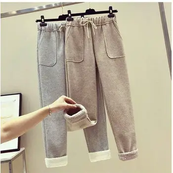 

Women's woolen wide-leg pants autumn and winter solid color high waist casual loose thick elastic waist drawstring trousers