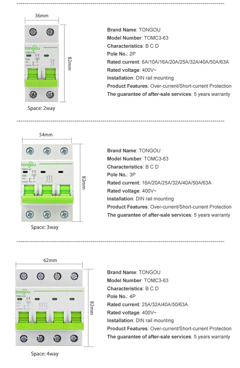1P 2P 3P 4P 6A 10A 16A 20A 25A 32A 40A 50 63A кривая C MCB 110V 220V 4.5KA AC мини автомат защити цепи TOMC3-63