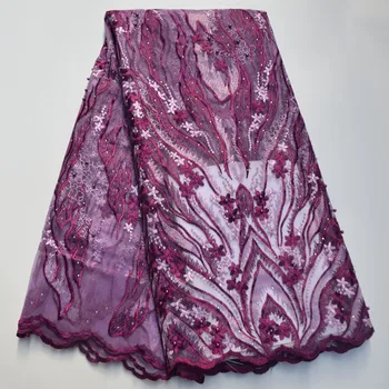 

New Fuchsia African Lace Fabric Embroidered Nigerian Guipure for Wedding High Quality 2019 French Tulle Lace Fabric with Beads