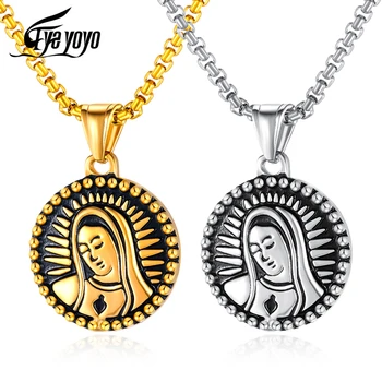 

EyeYoYo Men Hip Hop Round Pendant Necklace Stainless Steel Virgin Mary Catholic Round Necklaces For Men Jewelry