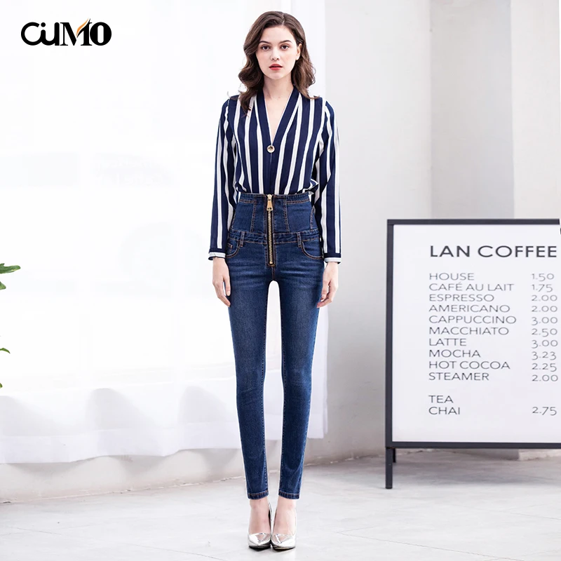 

2019 new autumn large zipper straps abdomen high waist jeans stretch large size feet pants Slim pencil pants S-6XL
