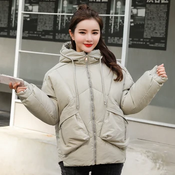 

2020 Casual Winter Jacket Women Short Style Bat Sleeve Cotton Padded Outwear Female Coat Stand Collar Hooded Short Solid Parkas
