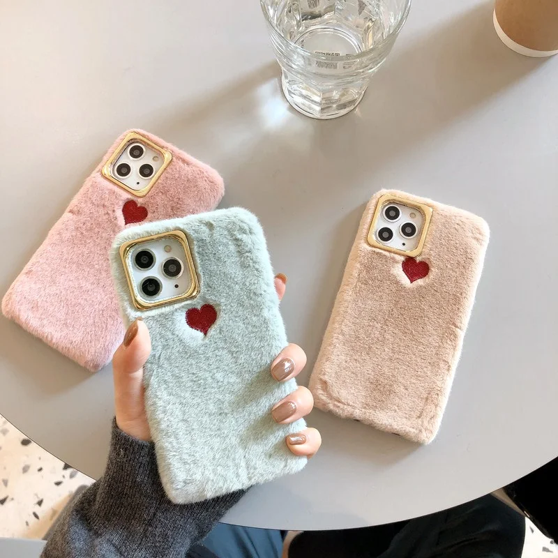 Ins love heart вышивка плюшевый чехол для телефона для iphone 11 11Pro Max XS Max XR XS пушистый меховой чехол для iphone 7 8 Plus capa