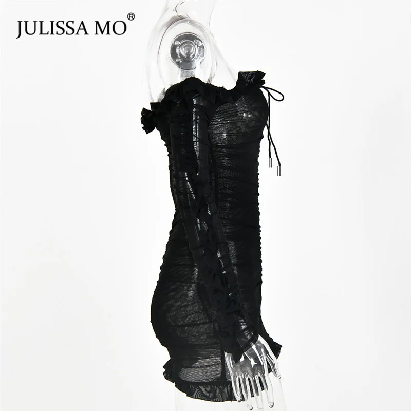 Julissa mo, Двухслойное Сетчатое облегающее платье, Осеннее сексуальное платье с открытыми плечами и оборками, женское модное короткое Клубное платье для вечеринок