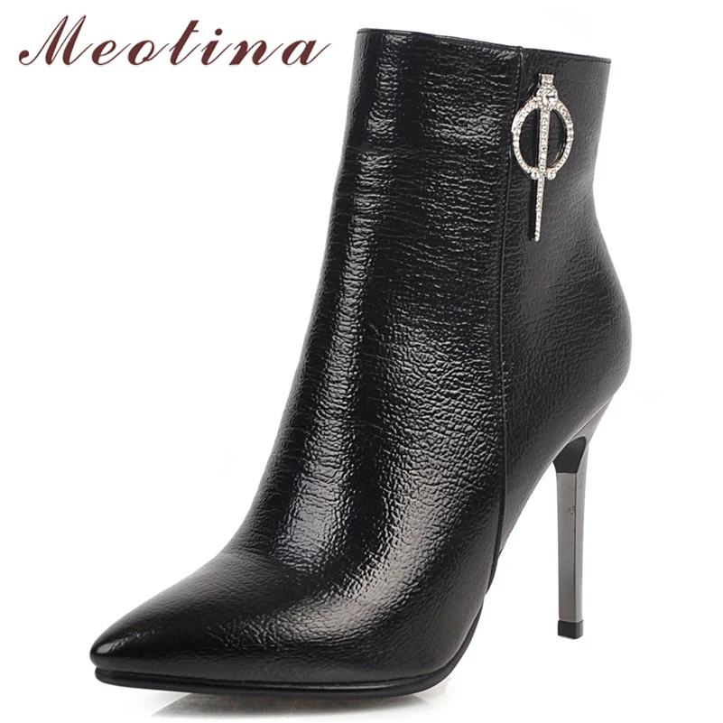 

Meotina Winter Ankle Boots Women Boots Crystal Thin High Heels Short Boots Zipper Pointed Toe Shoes Ladies Autumn Big Size 33-43