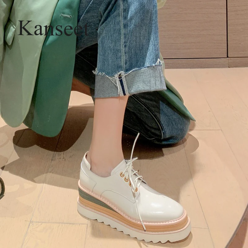 

Kanseet Flats Round Toe Women Shoes 2022 Spring New Genuine Leather High Quality Handmade Apricot Casual Loafers Lady Footwear