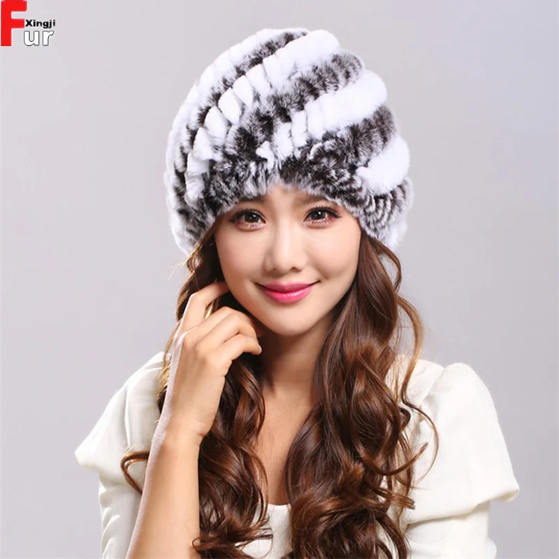 Зимняя теплая шапка женская вязаная шапка из кроличьего меха - Цвет: white grey