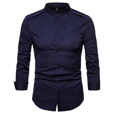 Новые мужские рубашки с длинным рукавом и стоячим воротником, Однотонная рубашка, блузка с вышивкой, элегантные мужские рубашки джентльмена - Цвет: navy blue