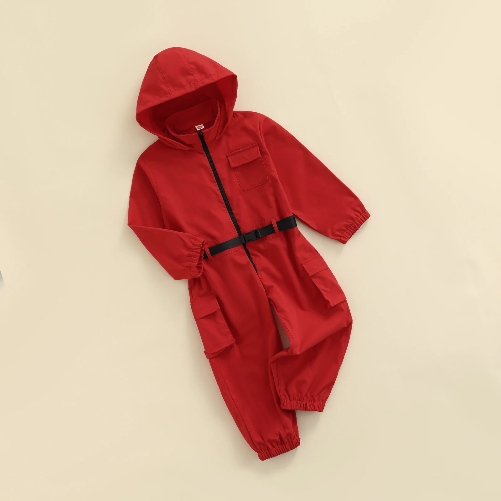 Unisex Korean Drama Survival Game Cosplay Costume Hooded Jumpsuit + Belt 2Pcs Halloween Party Clothes for Kid Boy Girl 3