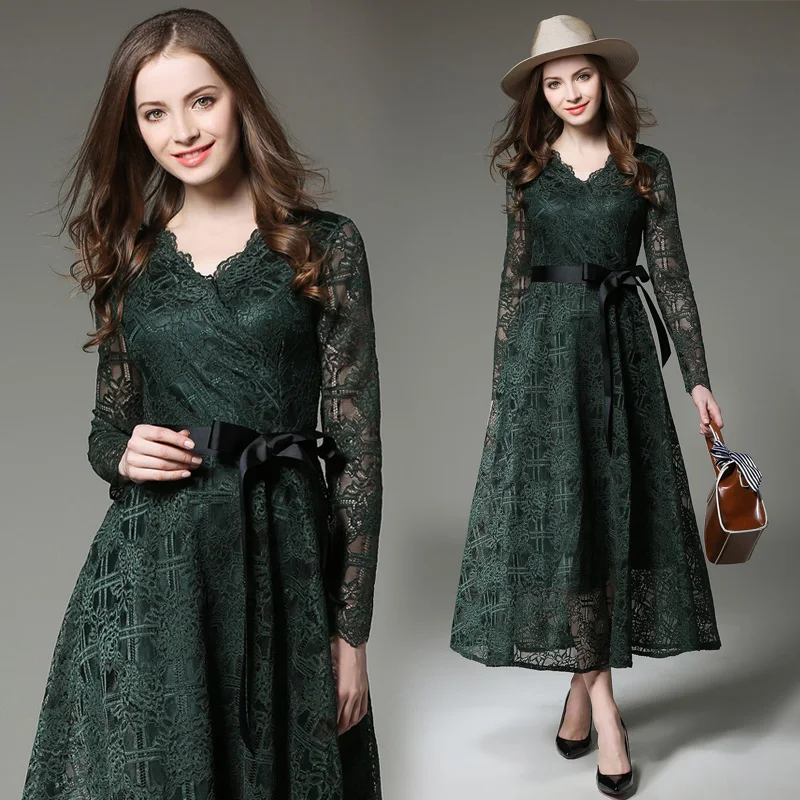 ^*Best Offers Vrouwen Jurk Lange Hoge Taille Slanke Lange Mouwen V-hals Lace Jurken Grote Schommel Groen Straat ^*Best Offers Vrouwen Jurk Lange Hoge Taille Slanke Lange Mouwen V-hals Lace Jurken Grote Schommel Groen Straat