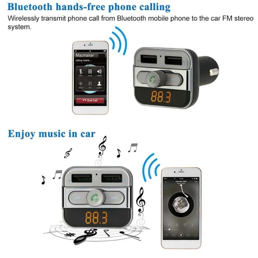 Автомобильное зарядное устройство с двумя usb-портами, Bluetooth, fm-передатчик, громкая связь, вызов, mp3-плеер