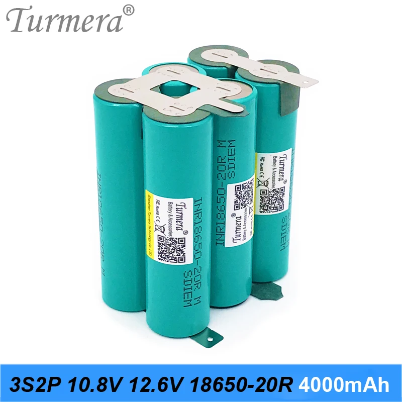 Turmera 3S2P 10.8V 12.6V INR18650-20RM 4000mAh 20A Battery Soldering Battery for Screwdriver Shrika and Vacuum Cleaner Use 0005