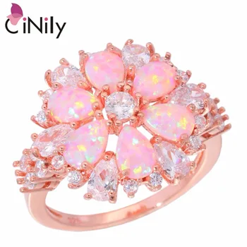 

CiNily Lavish Large Pink Fire Opal Rings With Stone Rose Gold Color Clear Crystal Flower Flora Cherry Blossom Jewelry Woman Girl