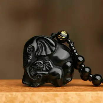 

Natural Black Obsidian Hand Carved Elephant Pendant Lucky Beads Necklace Jewelry