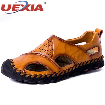 

UEXIA New Handmade Hollow Summer Sandals Men Breathable High Quality Leather Flats Plus Size Fashion Casual Beach Men's Footwear