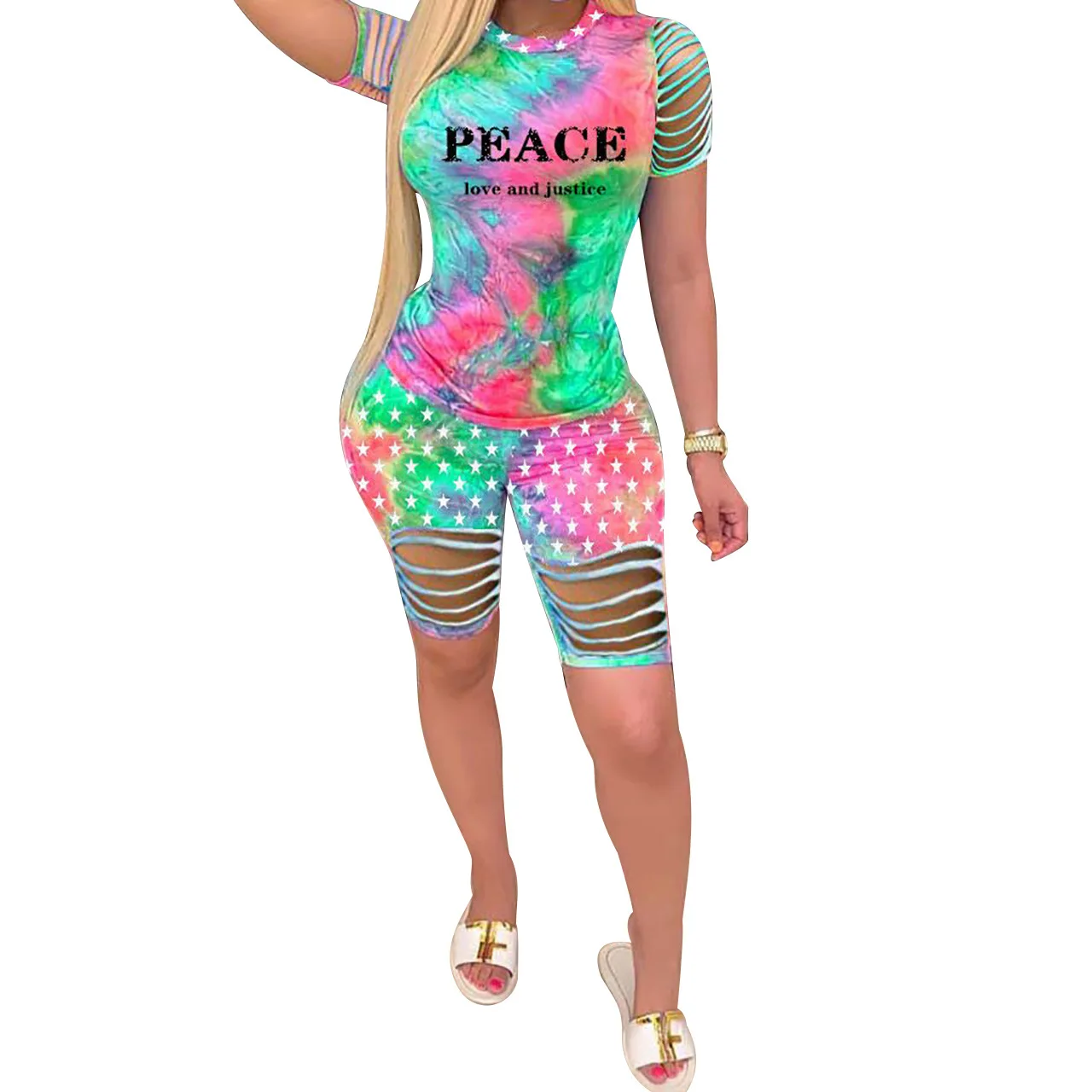 2 Piece Set Women Peace Print T Shirt Top And Shorts Suit Two Piece Set Sport Fashion Tracksuit