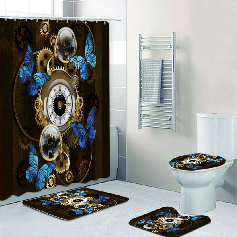 Wardianzaak Distilleren bewijs Trendy Steampunk Gold Brass Gear Blauwe Vlinder Dragonfly Douchegordijn En  Bad Rug Set Antieke Klok Wijzerplaat Badkamer Mat Tapijt|Douchegordijn| -  AliExpress