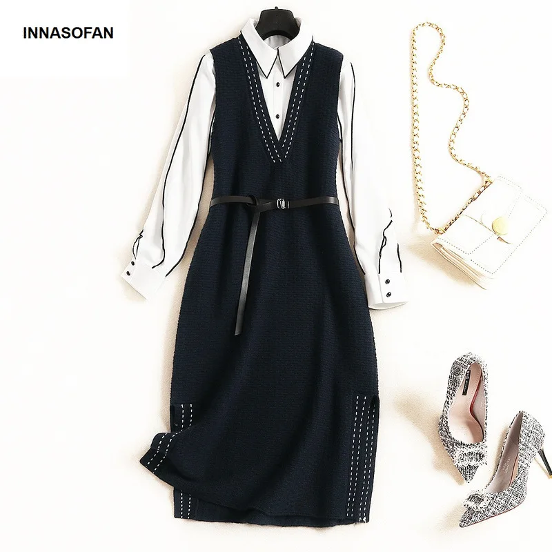 

INNASOFAN Knitted Dress Women Autumn Winter Dress High Waist Euro-American High-endTwo-Piece Dress with Belt and Chiffon Blouse