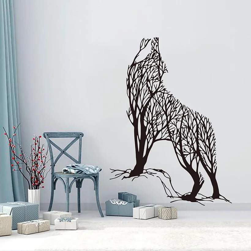 Mysterious aggressive Wolf howl Tree Wall Sticker Bedroom Living Room Jungle Animal Wolf Tree Wall Decal Kids Room Vinyl Decor (1)