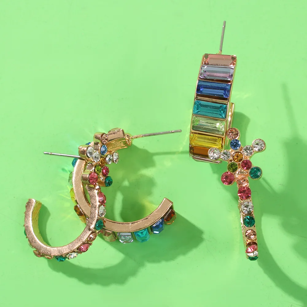 

SEDmart CZ Rainbow Ear Cuff C Shape Stud Earings for Women Men Bohemian Rainbow Coulorful Pearl Small Hoop Ethnic Trendy Jewelry