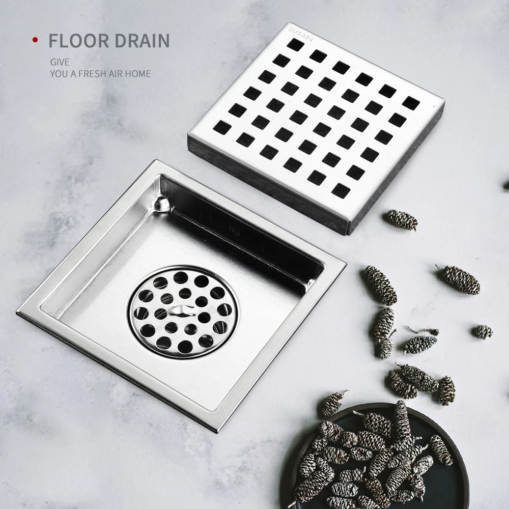 Stainless Steel Square Drain Brushed Nickel Finish Tile Insert Floor Waste Grates Deodorant Hair Strainer