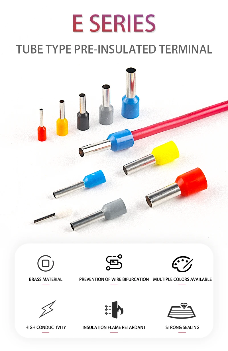 100pcs E0508 E1008 E1508 E2508 22-10 AWG Insulated Ferrules Terminal Block Cord End Wire Connector Electrical Crimp Terminator