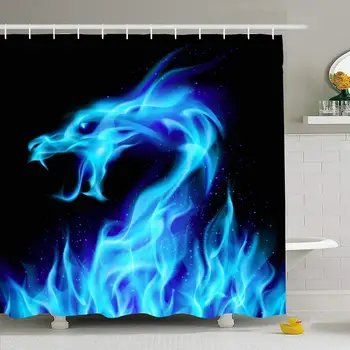 

Shower Curtain Set with Hooks 72x72 Abstract Asia Beautiful Blue Asian Fiery New Winged Dragon Monster Flying Number Animals