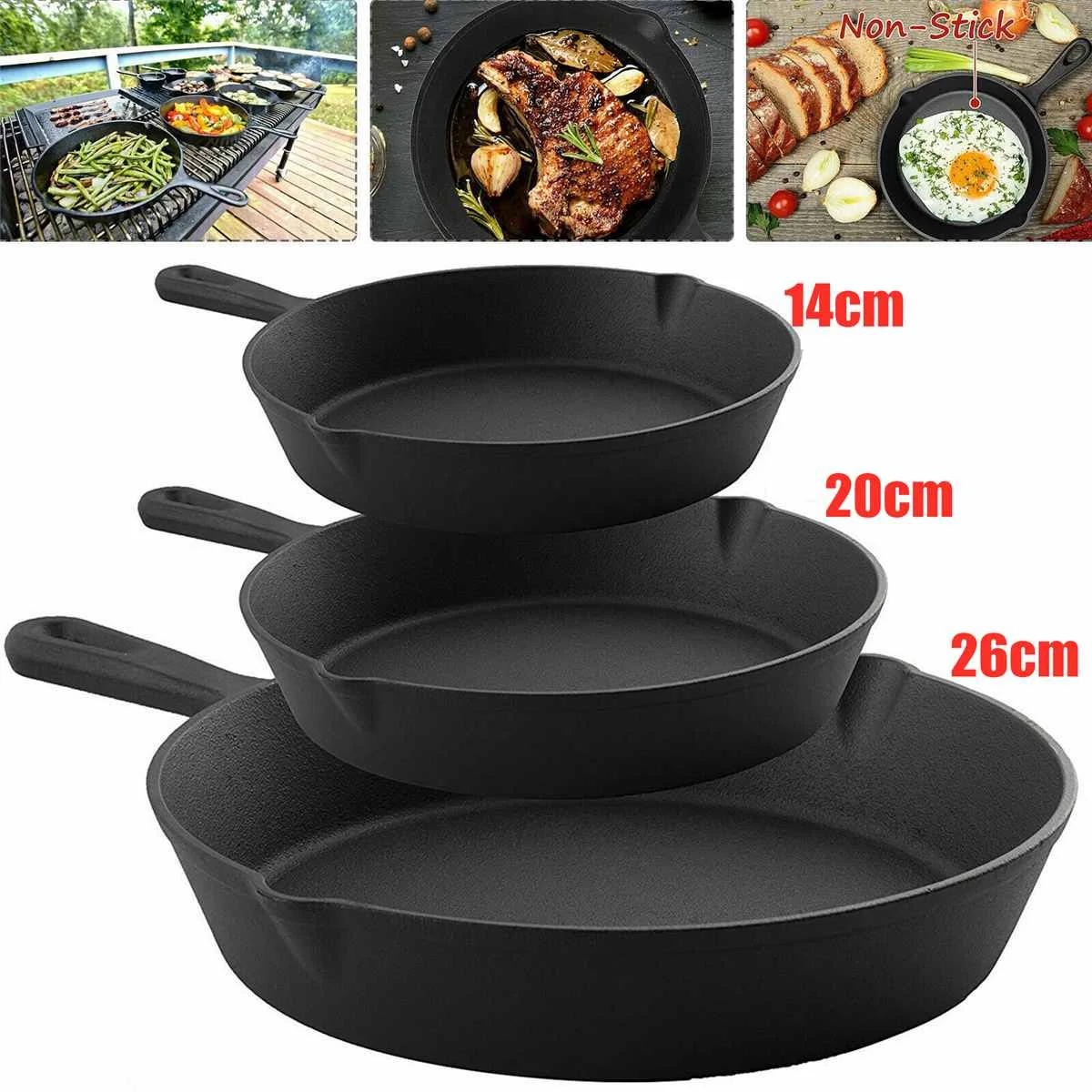 

New 3Pcs/Set Cast Iron Non-stick 14-26CM Skillet Frying Pan for Gas Induction Cooker Eggs Pancake Pot Kitchen&Dining Tools Cookw