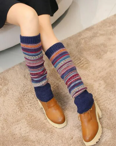Navy Blue New Winter Thermal Cashmere Stockings Women Knee Socks Wool Colorful Women's Knitted Socks Thicken Girl Warm Socks WS048 - Color: Navy Blue